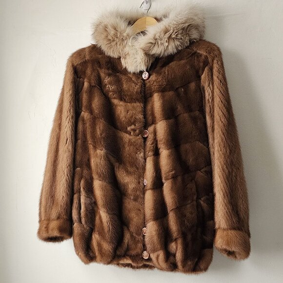 Western Furs Canadian Genuine Mink Fur Coat Stroller Fox Trim Hood VTG Mob Wife - Picture 15 of 16
